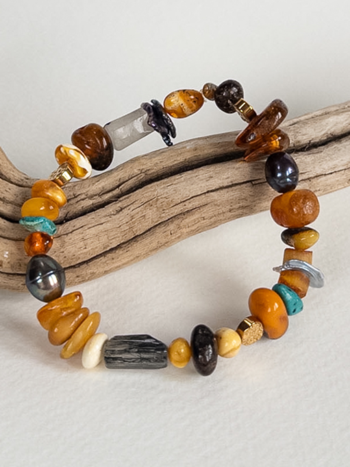 Baltic Amber & Natural Stone Bracelet with Turquoise Accent & Organic Shapes