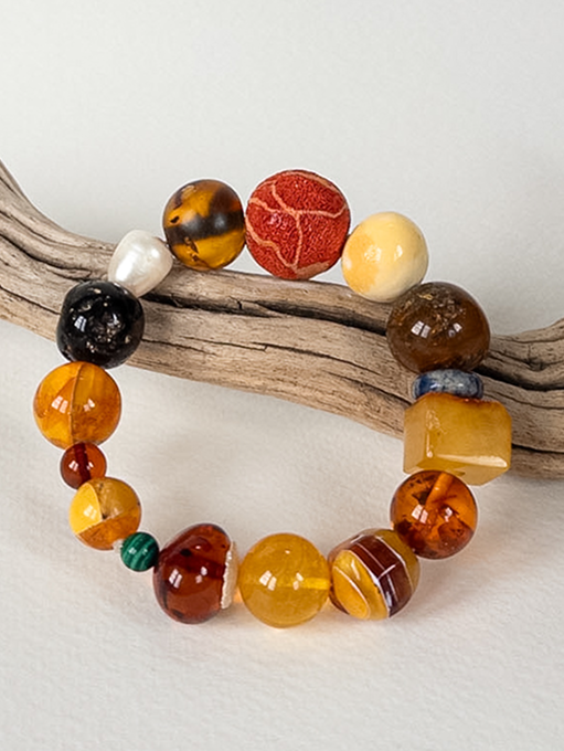 Baltic Amber Bracelet with Malachite, Pearl & Natural Stones