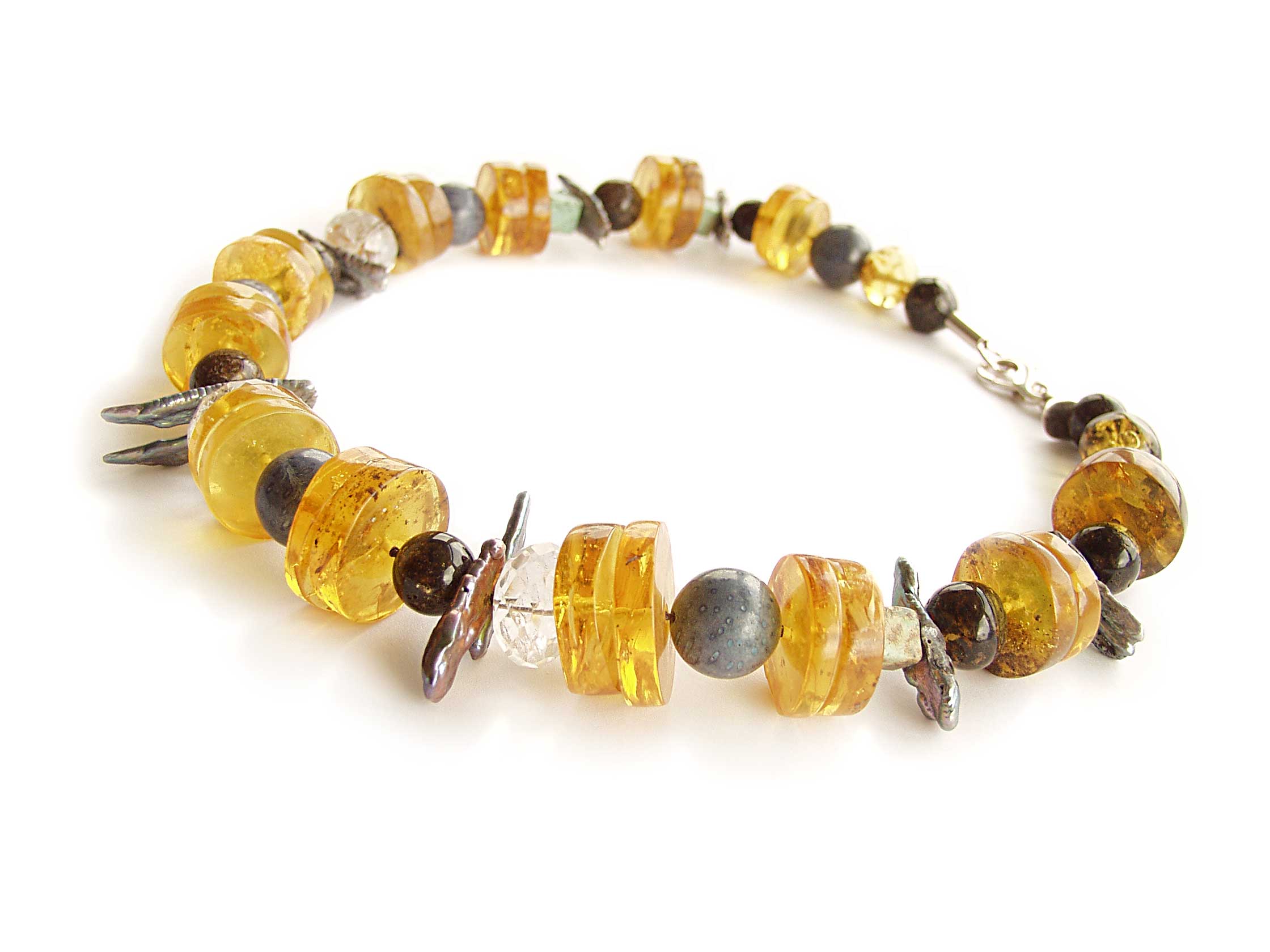 Baltic Amber & Natural Stone Bracelet with Silver Leaf Accents