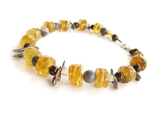Baltic Amber & Natural Stone Bracelet with Silver Leaf Accents