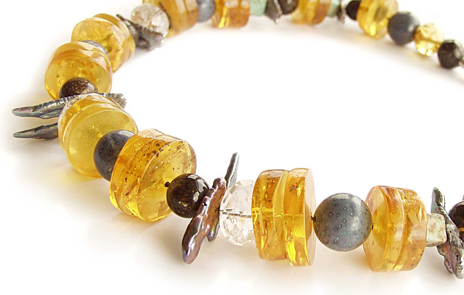Baltic Amber & Natural Stone Bracelet with Silver Leaf Accents