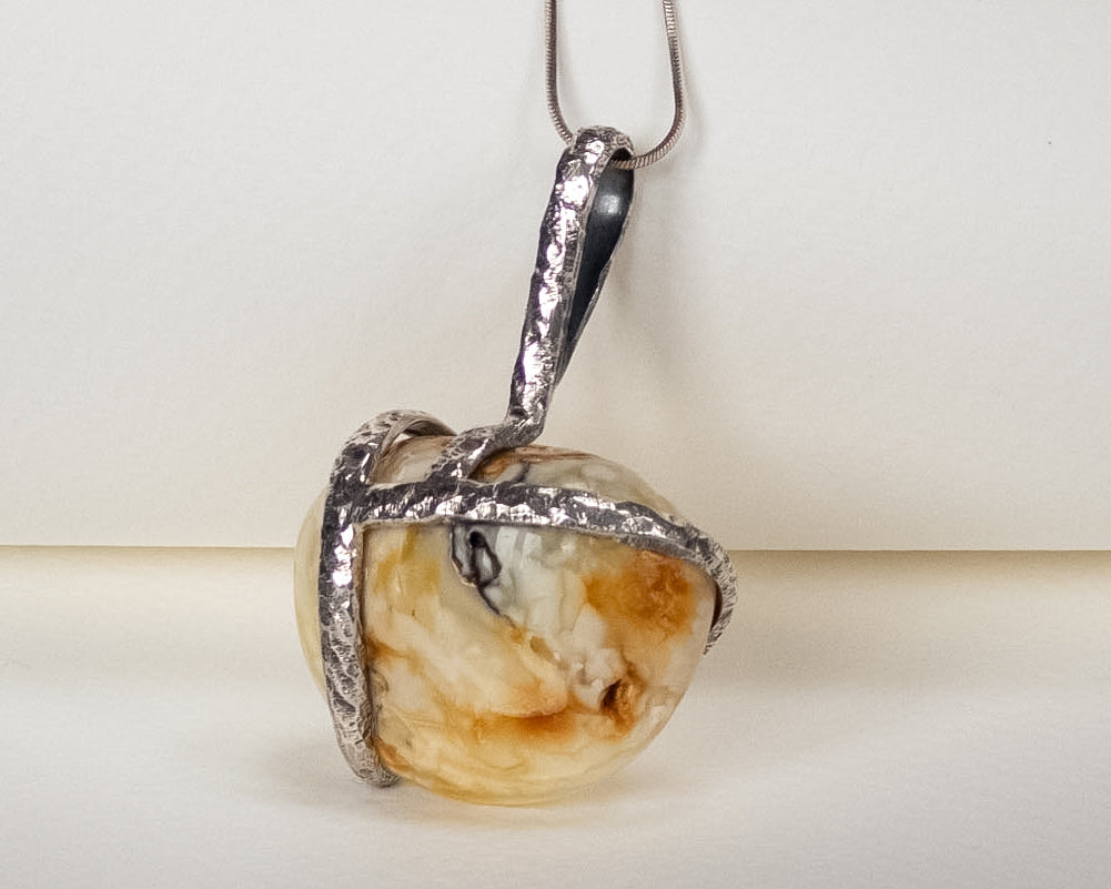 White Baltic Amber Pendant Silver Handmade Jewelry