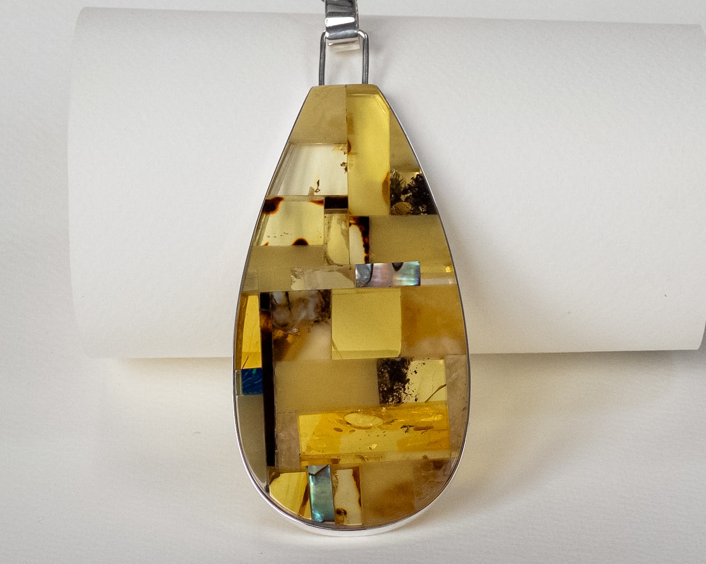 Baltic Amber Teardrop Mosaic Pendant Silver Handmade