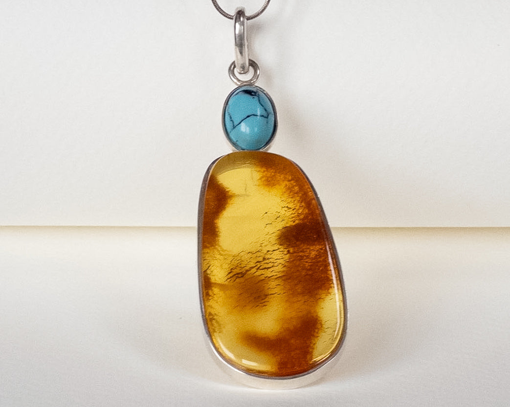 Baltic Amber Turquoise Pendant Silver Handmade Jewelry
