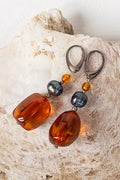 One-of-a-Kind Silver Earrings with Amber and Blue Pearl