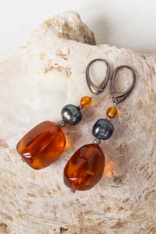 One-of-a-Kind Silver Earrings with Amber and Blue Pearl