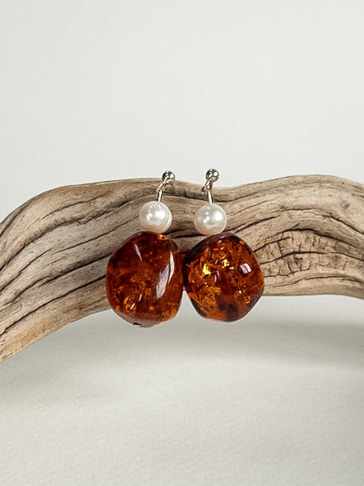 Baltic Amber & Freshwater Pearl Earrings with Silver