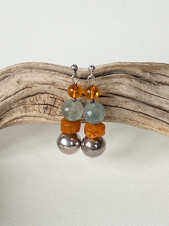 Baltic Amber, Agate & Silver Drop Earrings