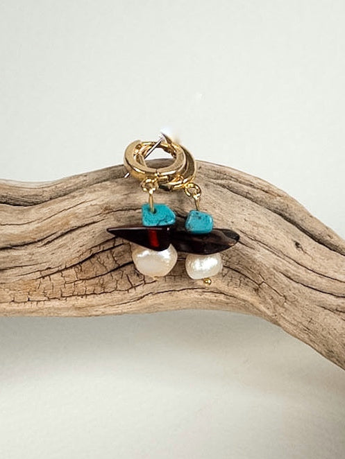 Small Gold-Plated Earrings with Black Amber, Turquoise and Pearl
