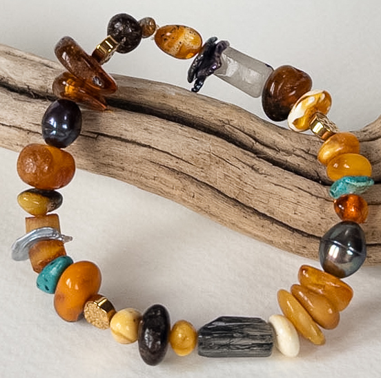 Baltic Amber & Natural Stone Bracelet with Turquoise Accent & Organic Shapes
