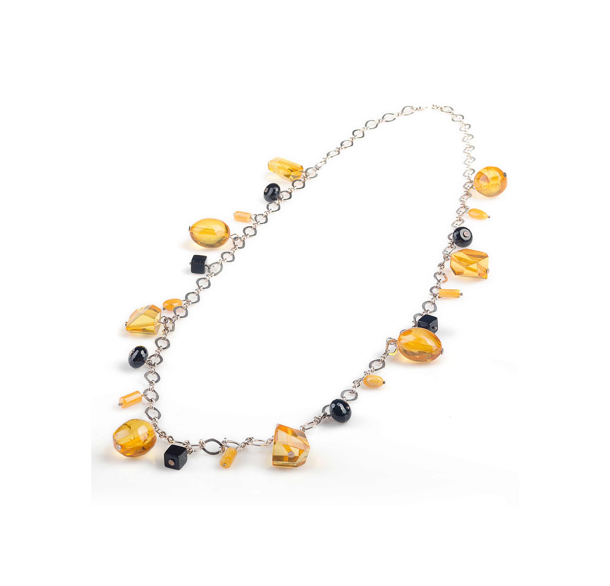 Naszyjnik 5 Srebrny łańcuszek z cytrynowym bursztynem i onyksem