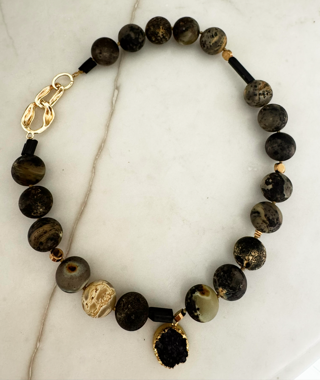 Amber Necklace I with Gold Hematite and Decorative Gold-Plated Clasp