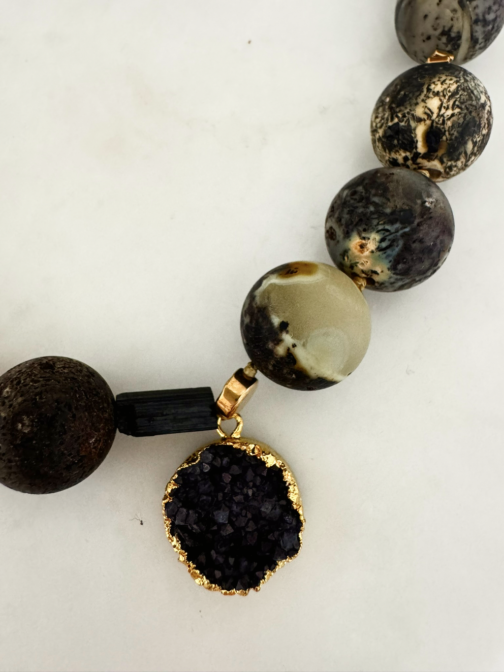 Amber Necklace I with Gold Hematite and Decorative Gold-Plated Clasp