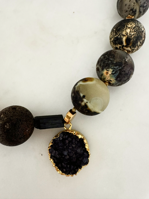 Amber Necklace I with Gold Hematite and Decorative Gold-Plated Clasp