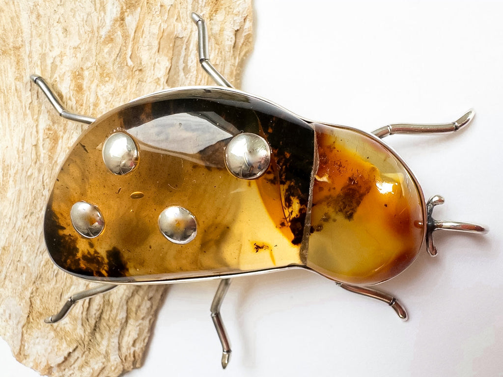 Baltic Amber Beetle Pendant with Silver Details