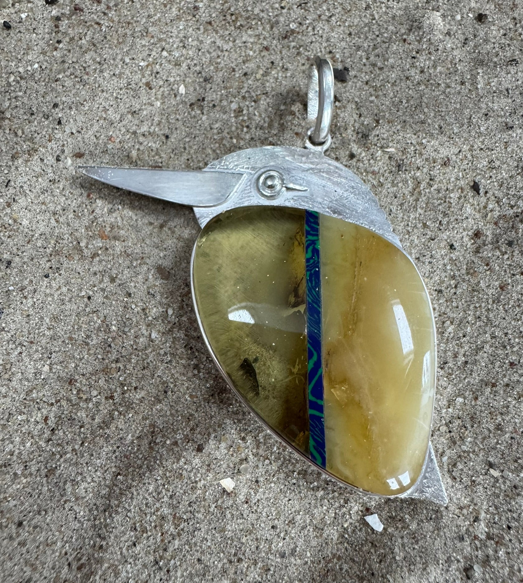 Unique piece Bird Pendant with Amber, Silver and Malachite
