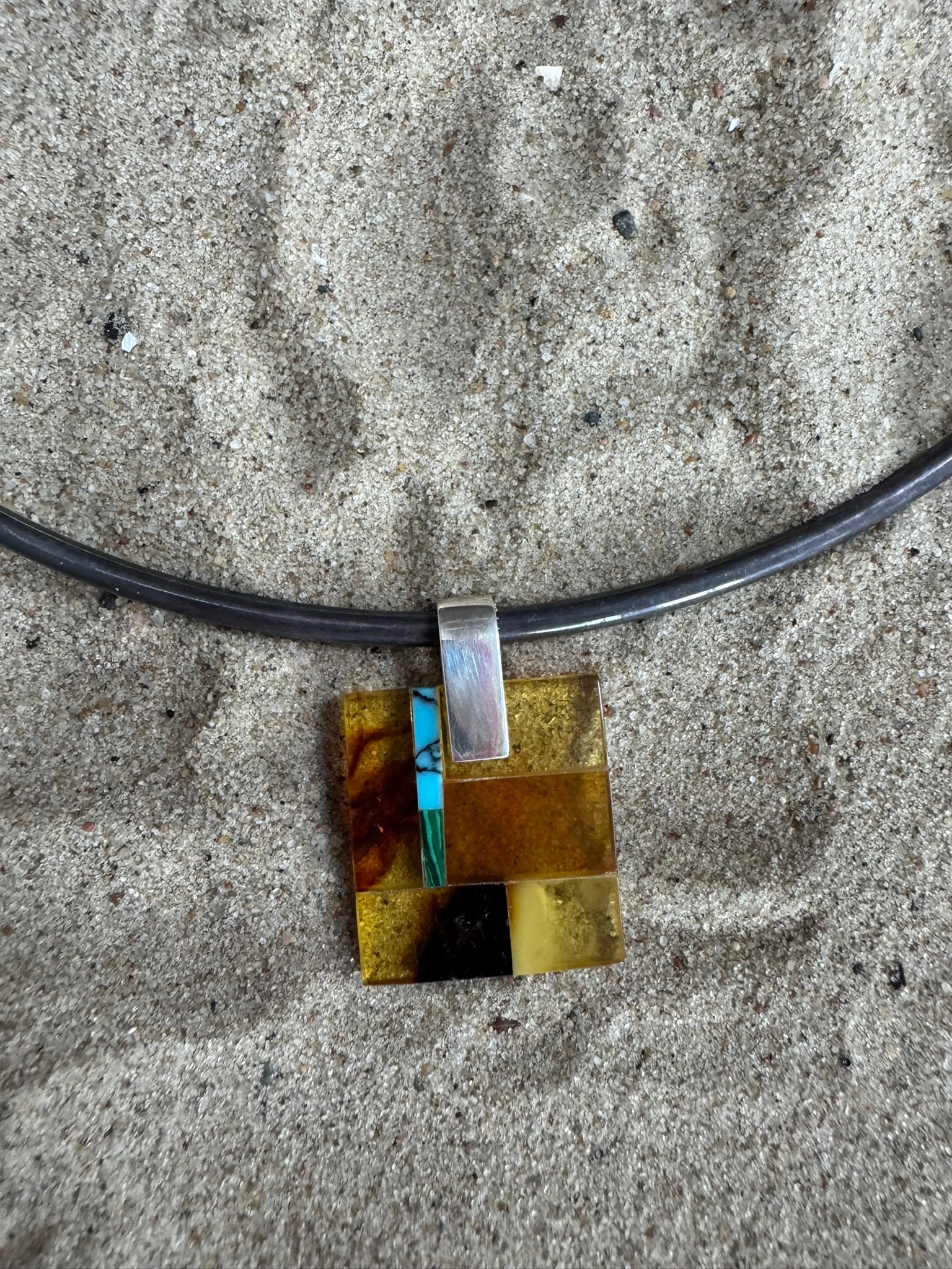 Small Mosaic Pendant with Amber, Turquoise and Silver