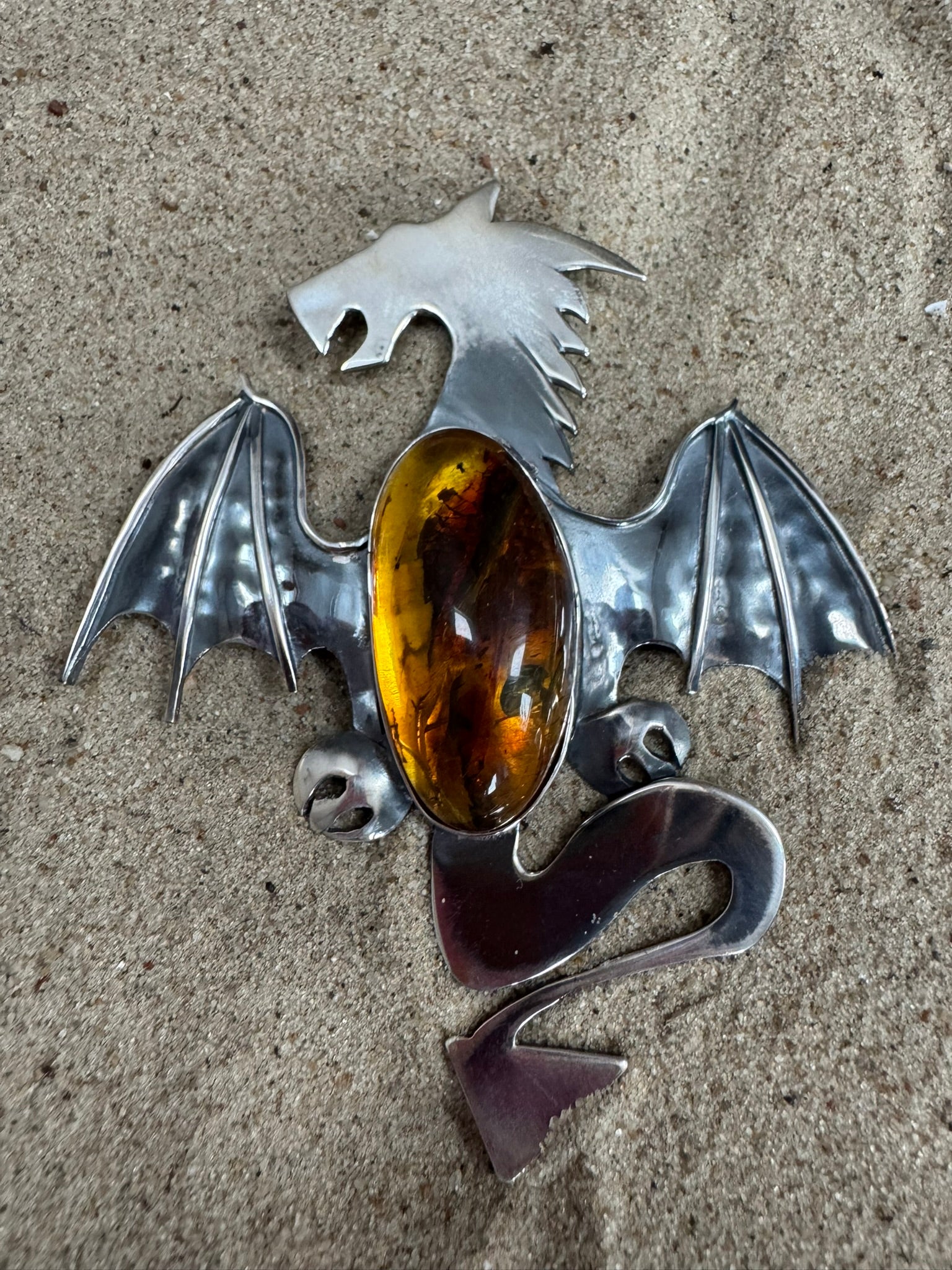 Handcrafted Dragon Pendant in Amber and Silver