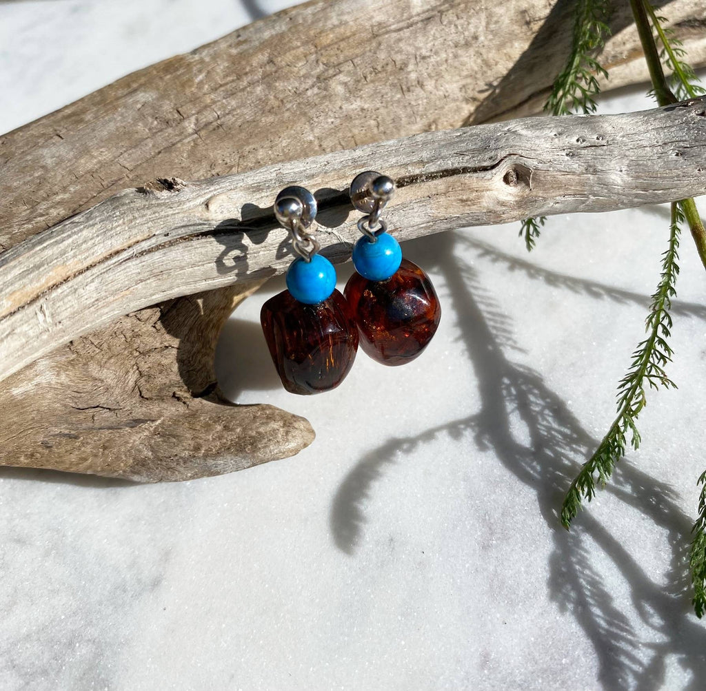 Baltic Amber & Turquoise Earrings with Silver