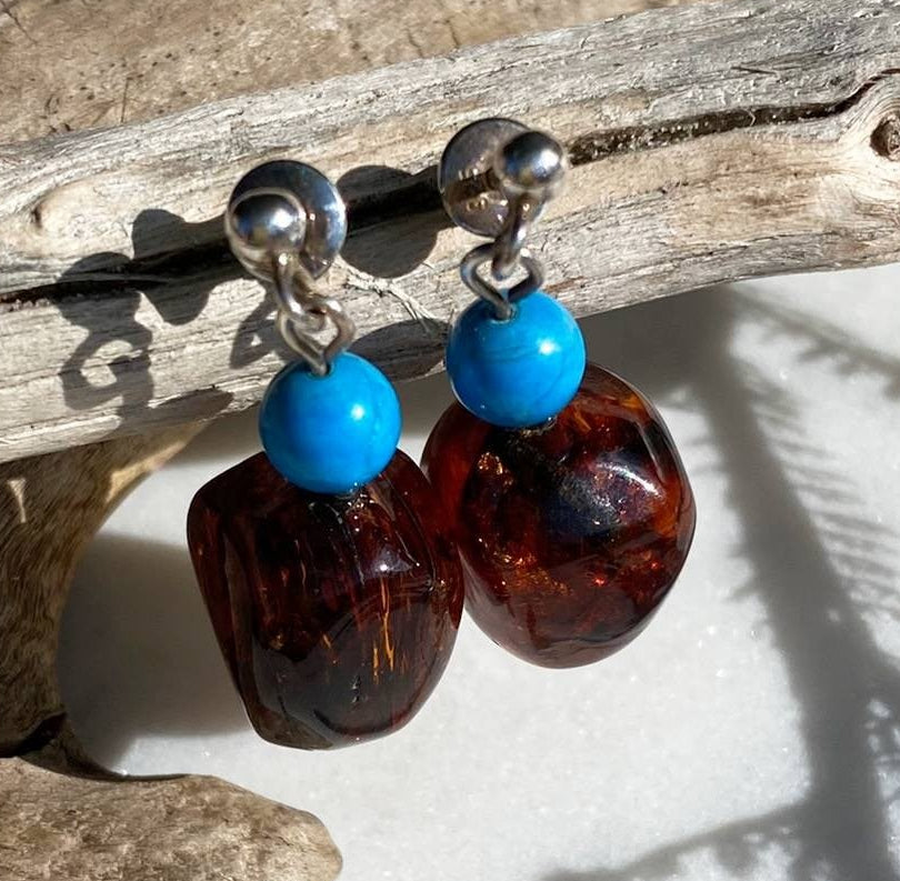 Baltic Amber & Turquoise Earrings with Silver