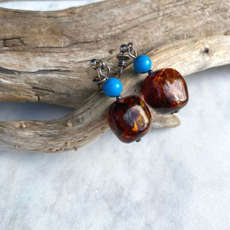 Baltic Amber & Turquoise Earrings with Silver