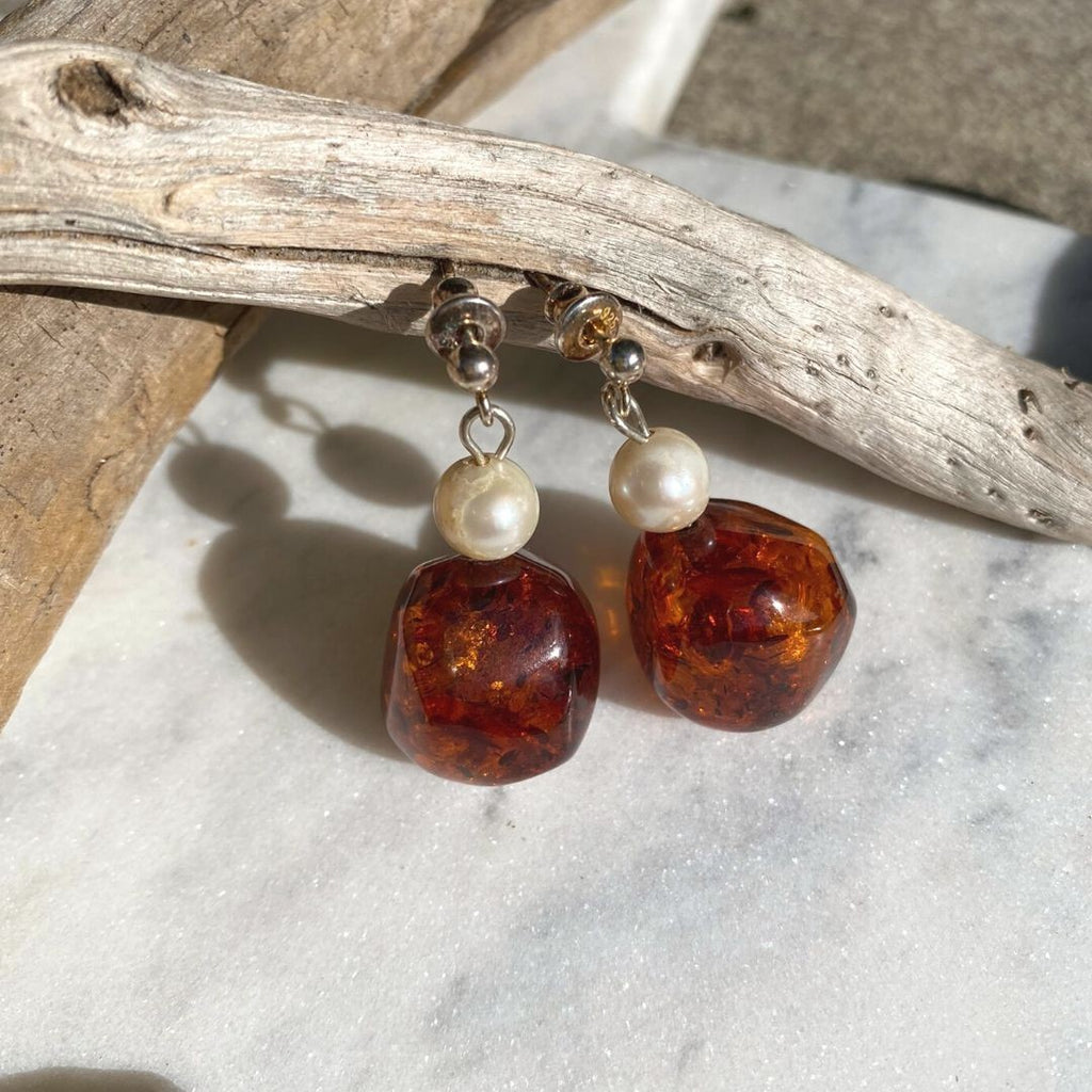 Baltic Amber & Freshwater Pearl Earrings with Silver