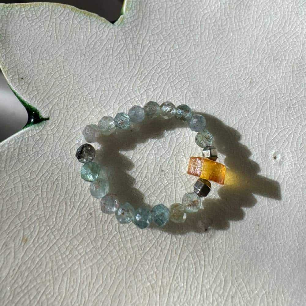 Blue Ring 11  Amber, Labradorite and Hematite